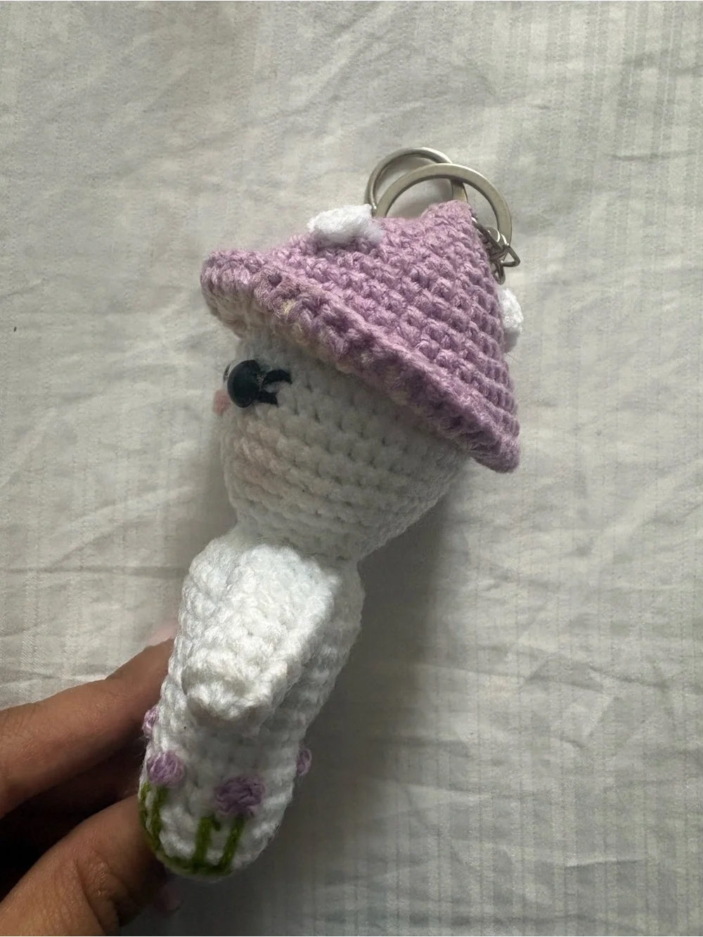 Handmade Crochet Mushroom Doll Keychain - White & Lavender